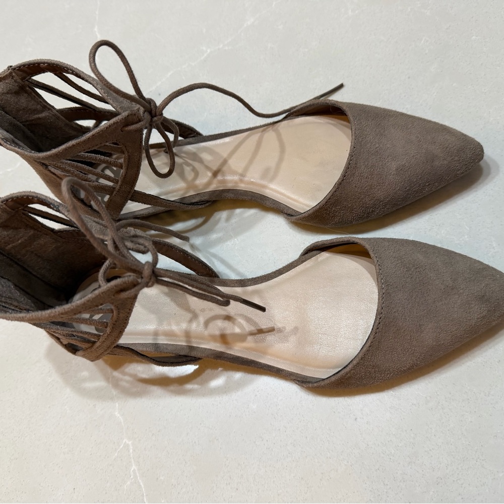 Fergalicious Grey Lace-Up Pointed Toe Flats, Zipper Back, 8.5